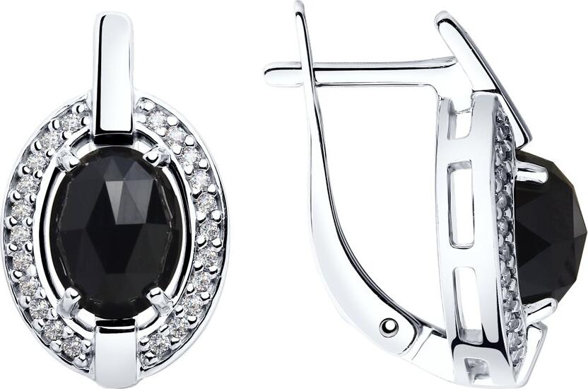 SOKOLOV 92022060 Women's Earrings, 925 Sterling Silver, Black Agate and Round Cubic Zirconia, English Lock, 11x7x18 mm