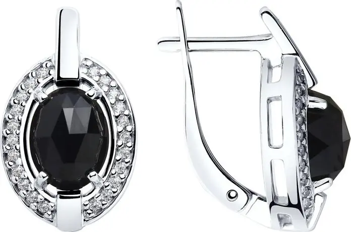 SOKOLOV 92022060 Women's Earrings, 925 Sterling Silver, Black Agate and Round Cubic Zirconia, English Lock, 11x7x18 mm