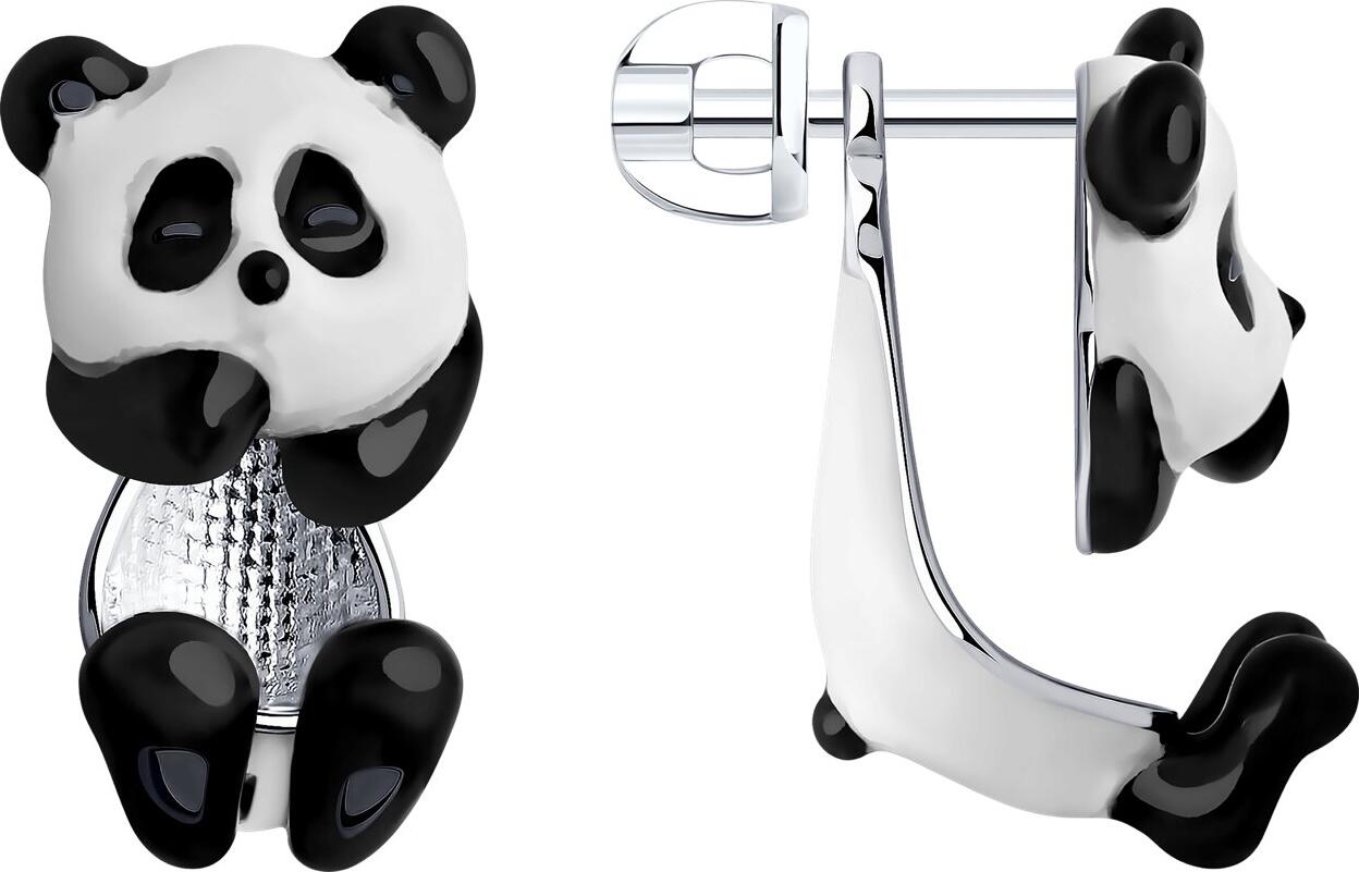 Cercei SOKOLOV 94025770 pentru femei cu design Panda, Argint Sterling 925 placat cu Rodiu, Email Alb și Negru, Închidere Stud Pusette, 13x12x21 mm