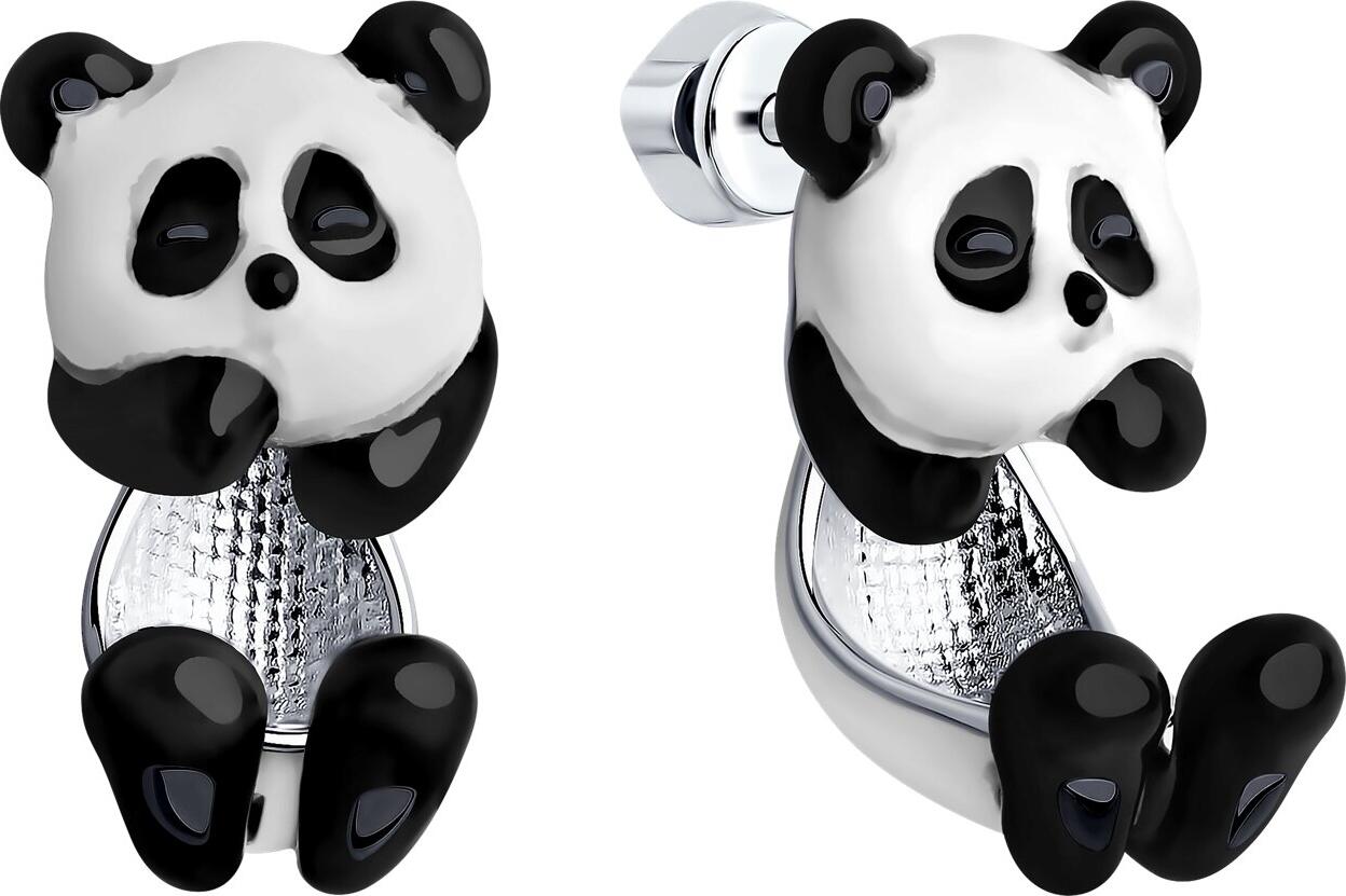 Cercei SOKOLOV 94025770 pentru femei cu design Panda, Argint Sterling 925 placat cu Rodiu, Email Alb și Negru, Închidere Stud Pusette, 13x12x21 mm