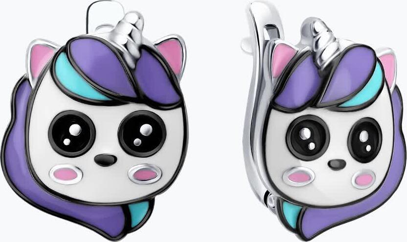 Diamant Children's 925 Rhodium-Plated Silver Earrings with Enamel Unicorn Head, English Lock, Article 94-120-00106-1, 14x11x2 mm