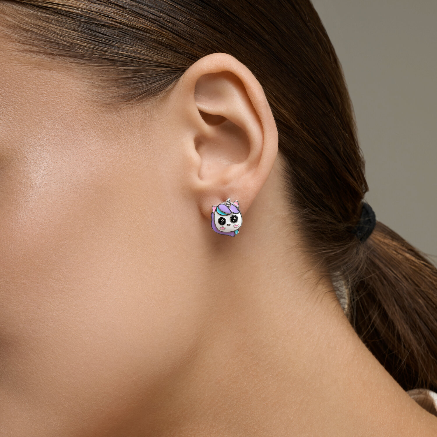 Diamant Children's 925 Rhodium-Plated Silver Earrings with Enamel Unicorn Head, English Lock, Article 94-120-00106-1, 14x11x2 mm