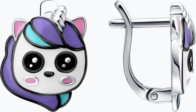 Diamant Children's 925 Rhodium-Plated Silver Earrings with Enamel Unicorn Head, English Lock, Article 94-120-00106-1, 14x11x2 mm