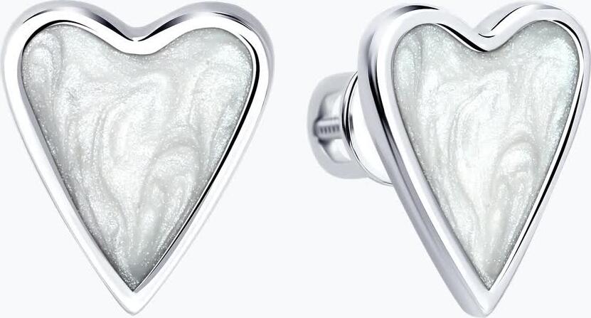 Серьги-пусеты Diamant 94-122-00089-1 в форме сердца для женщин, серебро 925 с родиевым покрытием, с белой перламутровой эмалью, 10x12 мм