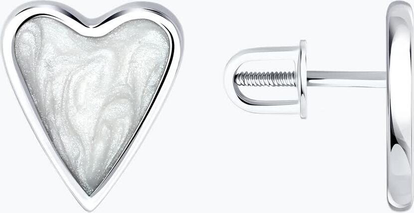 Серьги-пусеты Diamant 94-122-00089-1 в форме сердца для женщин, серебро 925 с родиевым покрытием, с белой перламутровой эмалью, 10x12 мм