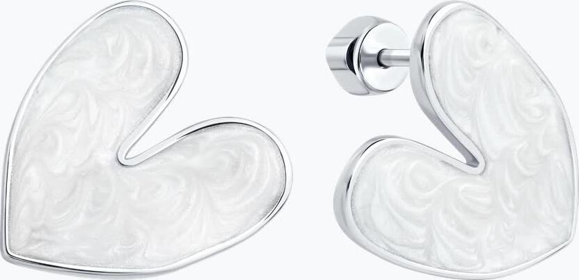 Diamant 94-122-02341-1 Heart-Shaped Stud Earrings, 925 Sterling Silver, Rhodium Plated, White Enamel, Women's Jewelry, 19x20x3 mm, 4.35g