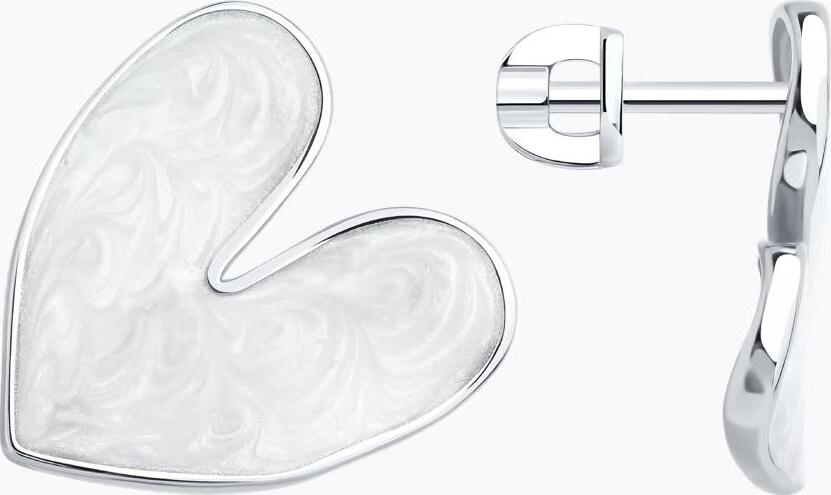 Diamant 94-122-02341-1 Heart-Shaped Stud Earrings, 925 Sterling Silver, Rhodium Plated, White Enamel, Women's Jewelry, 19x20x3 mm, 4.35g