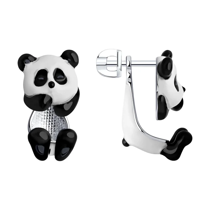 Cercei SOKOLOV 94025770 pentru femei cu design Panda, Argint Sterling 925 placat cu Rodiu, Email Alb și Negru, Închidere Stud Pusette, 13x12x21 mm
