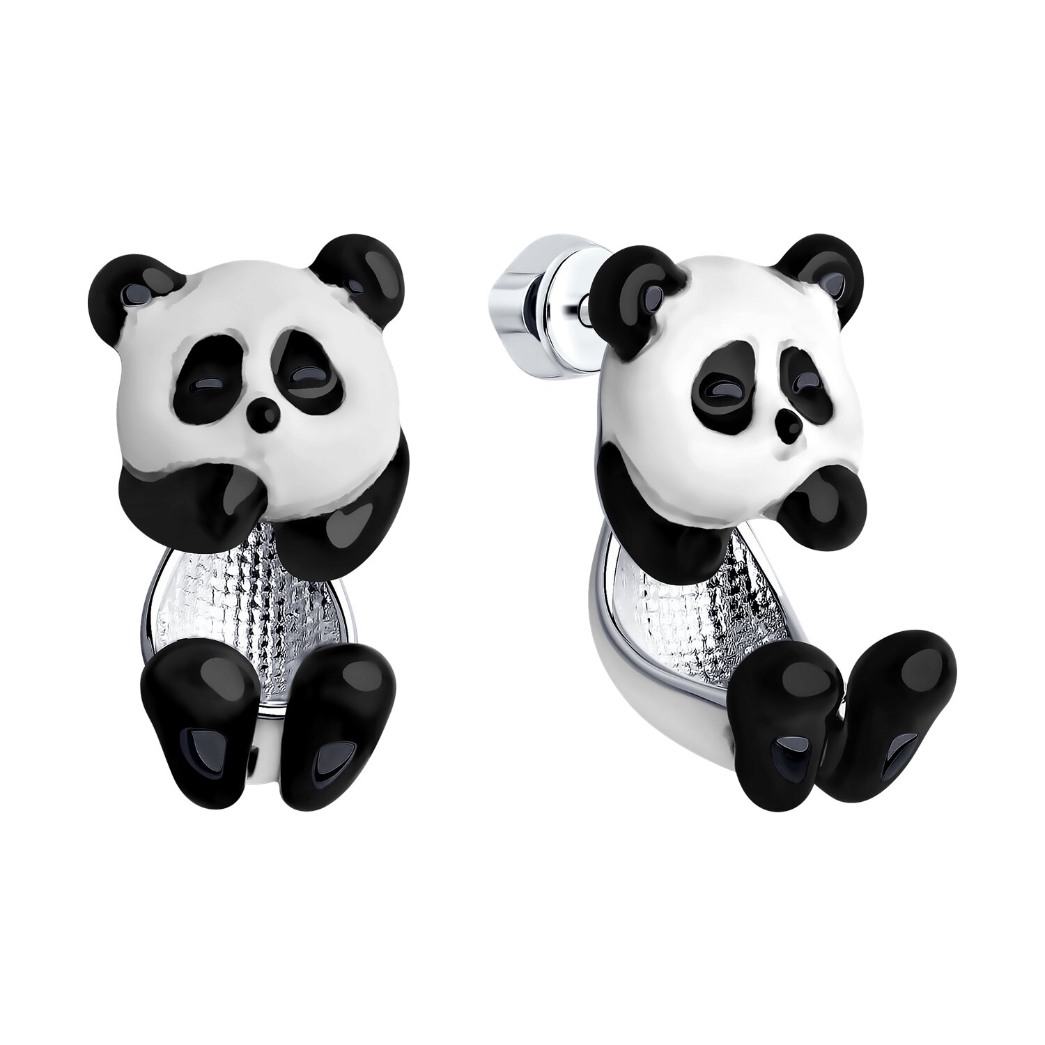 Cercei SOKOLOV 94025770 pentru femei cu design Panda, Argint Sterling 925 placat cu Rodiu, Email Alb și Negru, Închidere Stud Pusette, 13x12x21 mm