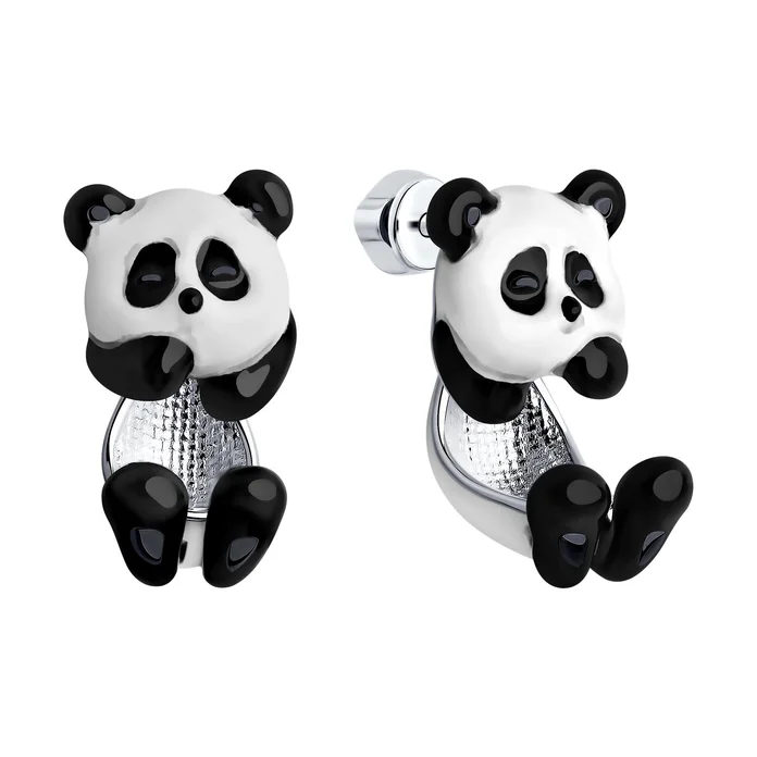 Cercei SOKOLOV 94025770 pentru femei cu design Panda, Argint Sterling 925 placat cu Rodiu, Email Alb și Negru, Închidere Stud Pusette, 13x12x21 mm