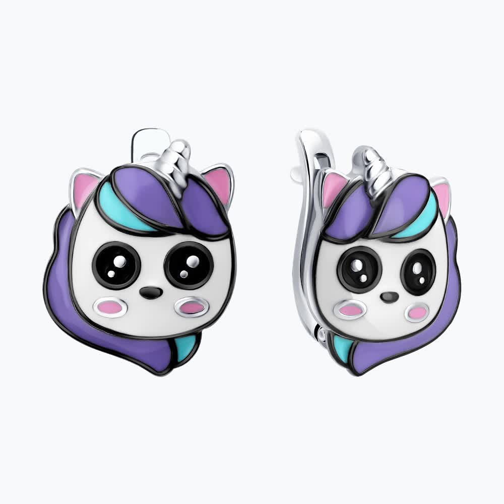 Diamant Children's 925 Rhodium-Plated Silver Earrings with Enamel Unicorn Head, English Lock, Article 94-120-00106-1, 14x11x2 mm