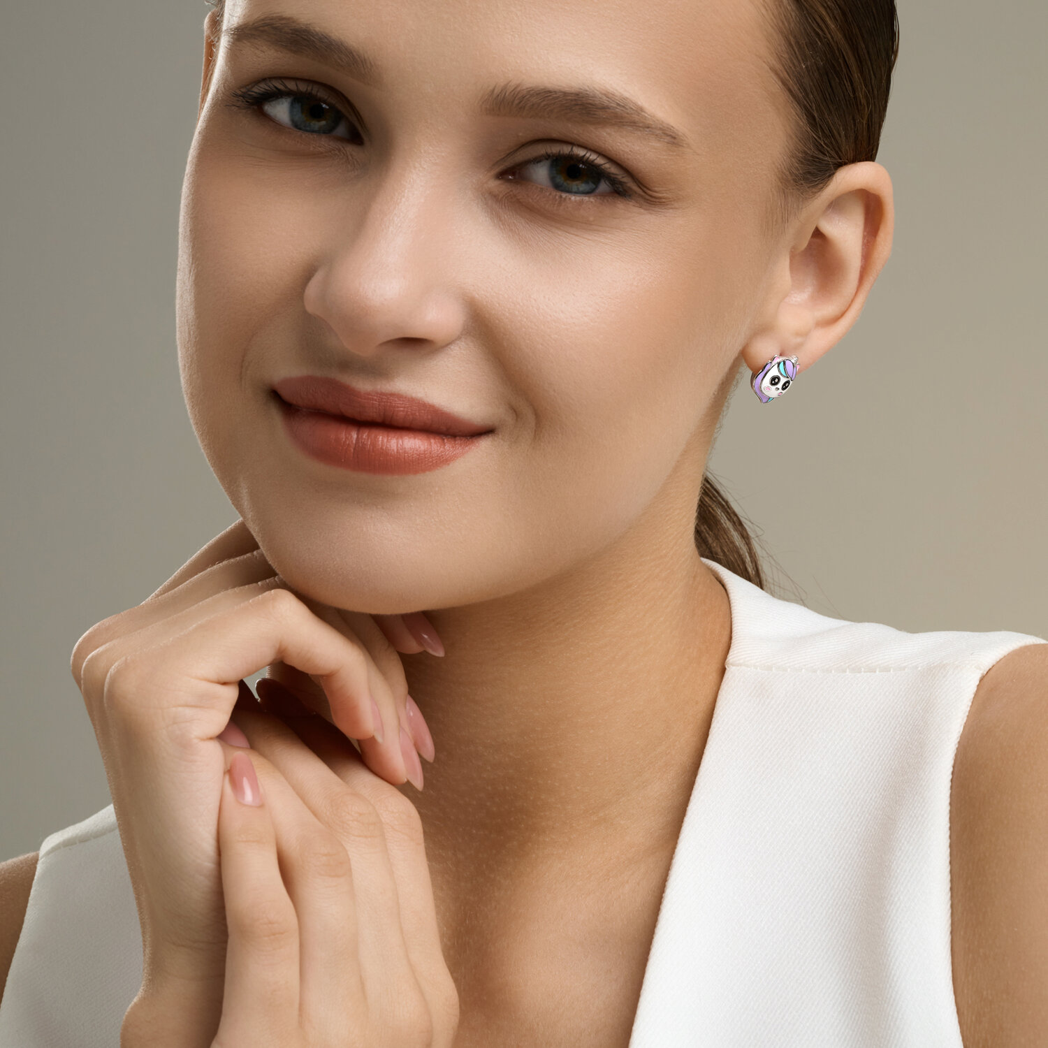 Diamant Children's 925 Rhodium-Plated Silver Earrings with Enamel Unicorn Head, English Lock, Article 94-120-00106-1, 14x11x2 mm