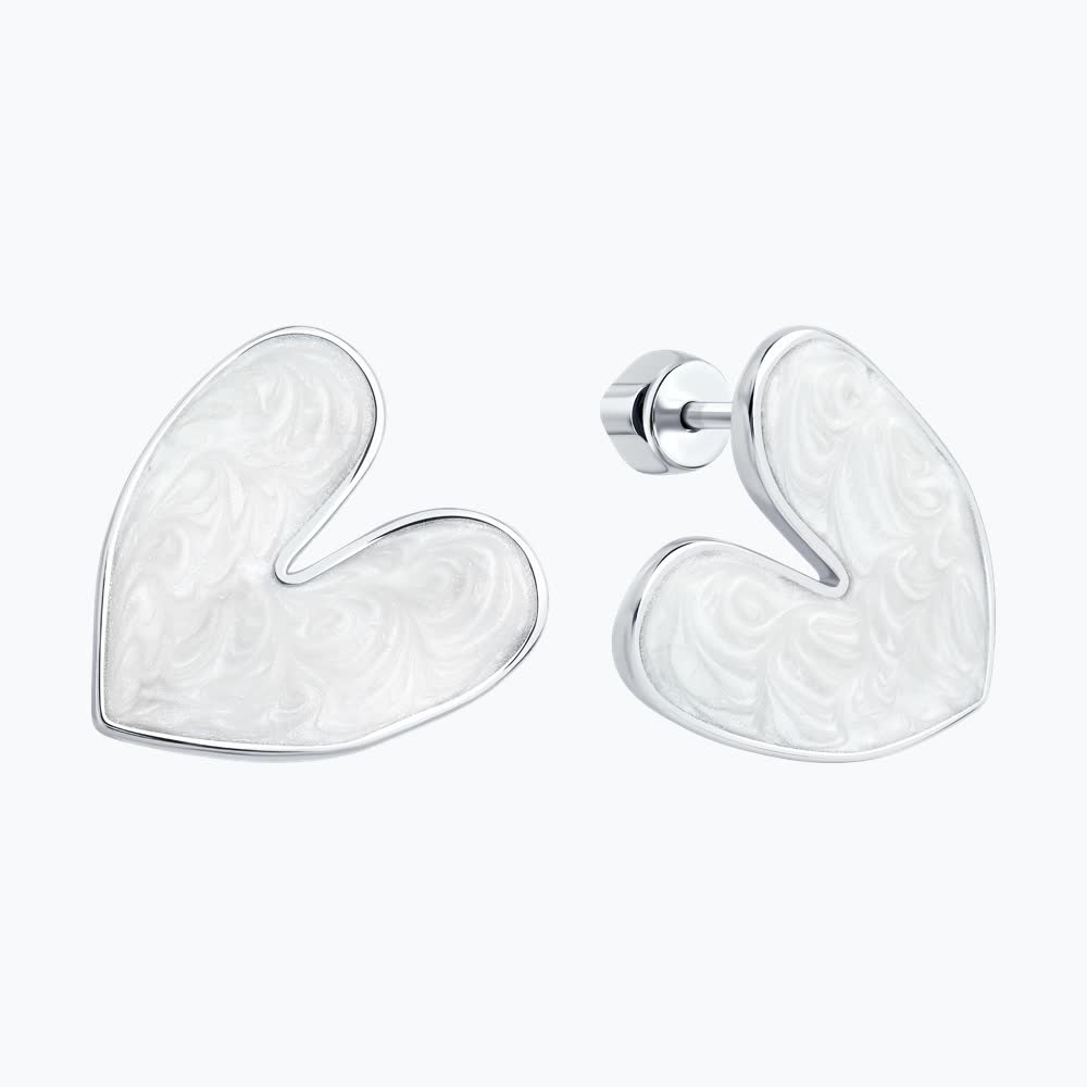 Diamant 94-122-02341-1 Heart-Shaped Stud Earrings, 925 Sterling Silver, Rhodium Plated, White Enamel, Women's Jewelry, 19x20x3 mm, 4.35g