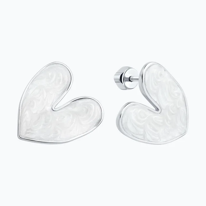 Diamant 94-122-02341-1 Heart-Shaped Stud Earrings, 925 Sterling Silver, Rhodium Plated, White Enamel, Women's Jewelry, 19x20x3 mm, 4.35g