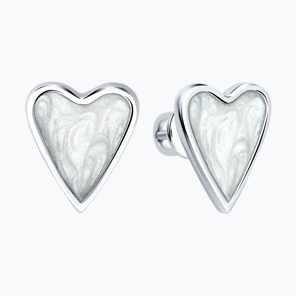 Серьги-пусеты Diamant 94-122-00089-1 в форме сердца для женщин, серебро 925 с родиевым покрытием, с белой перламутровой эмалью, 10x12 мм