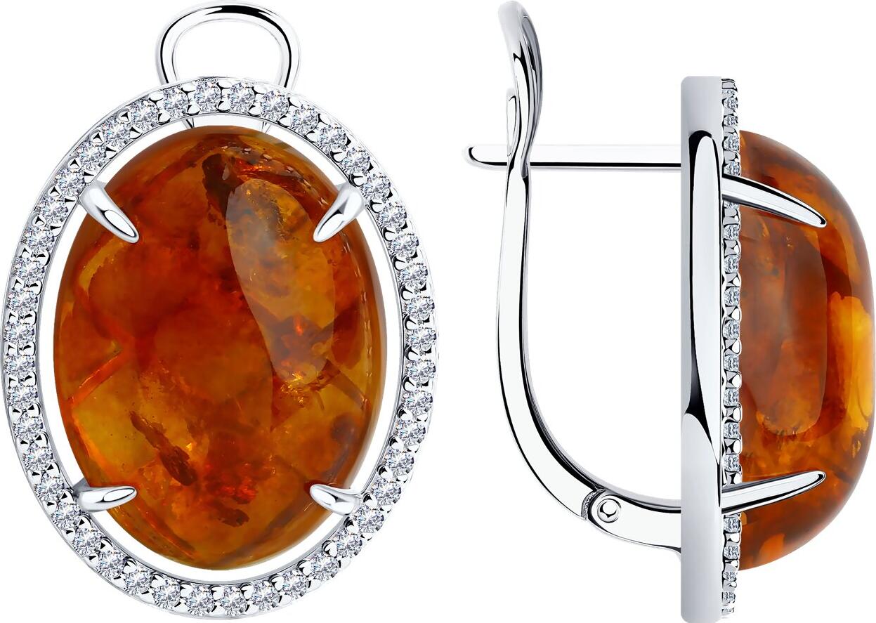 Серьги Diamant 94-320-00829-1 для женщин из серебра 925 с родиевым покрытием с овальным прессованным коричневым янтарем и фианитами, английский замок, 20x15мм