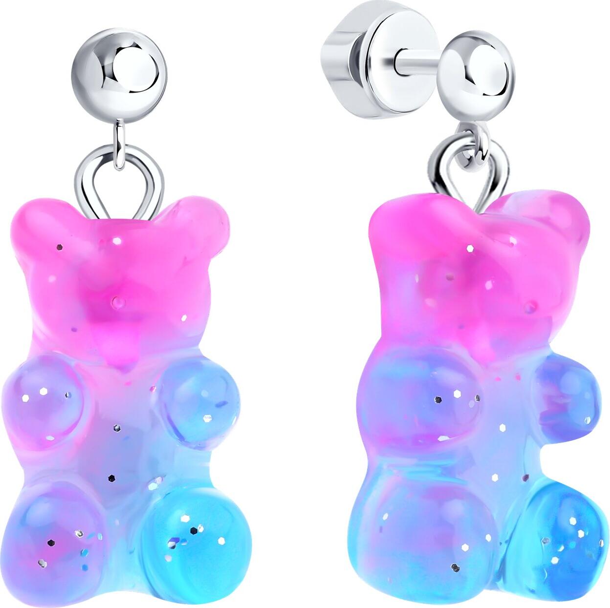 Pandantiv SOKOLOV 94027064 pentru femei, Formă Ursuleț Gummy, Argint 925 Rodinat, Rășină Gradient Roz-Albastru cu Sclipici, 26mm x 11mm x 8mm