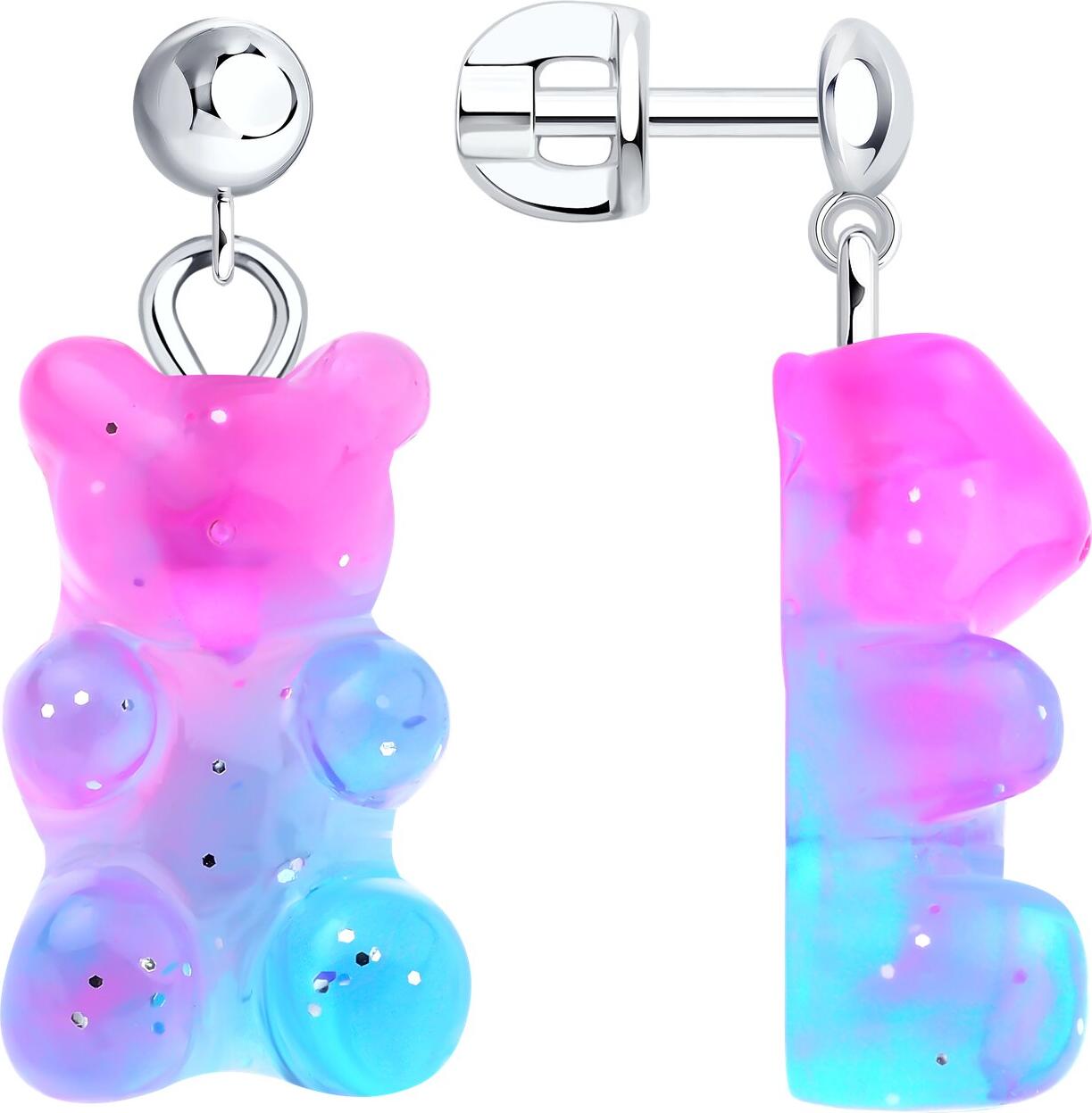 Pandantiv SOKOLOV 94027064 pentru femei, Formă Ursuleț Gummy, Argint 925 Rodinat, Rășină Gradient Roz-Albastru cu Sclipici, 26mm x 11mm x 8mm