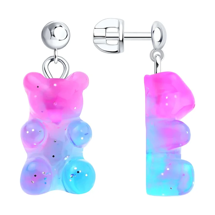 Pandantiv SOKOLOV 94027064 pentru femei, Formă Ursuleț Gummy, Argint 925 Rodinat, Rășină Gradient Roz-Albastru cu Sclipici, 26mm x 11mm x 8mm