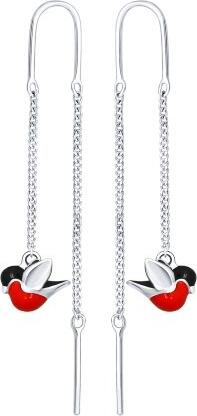 Sokolov 94021855 Women's Threading Earrings, 925 Sterling Silver with Enamel, Movable Bullfinch Figures Design, 2.5g