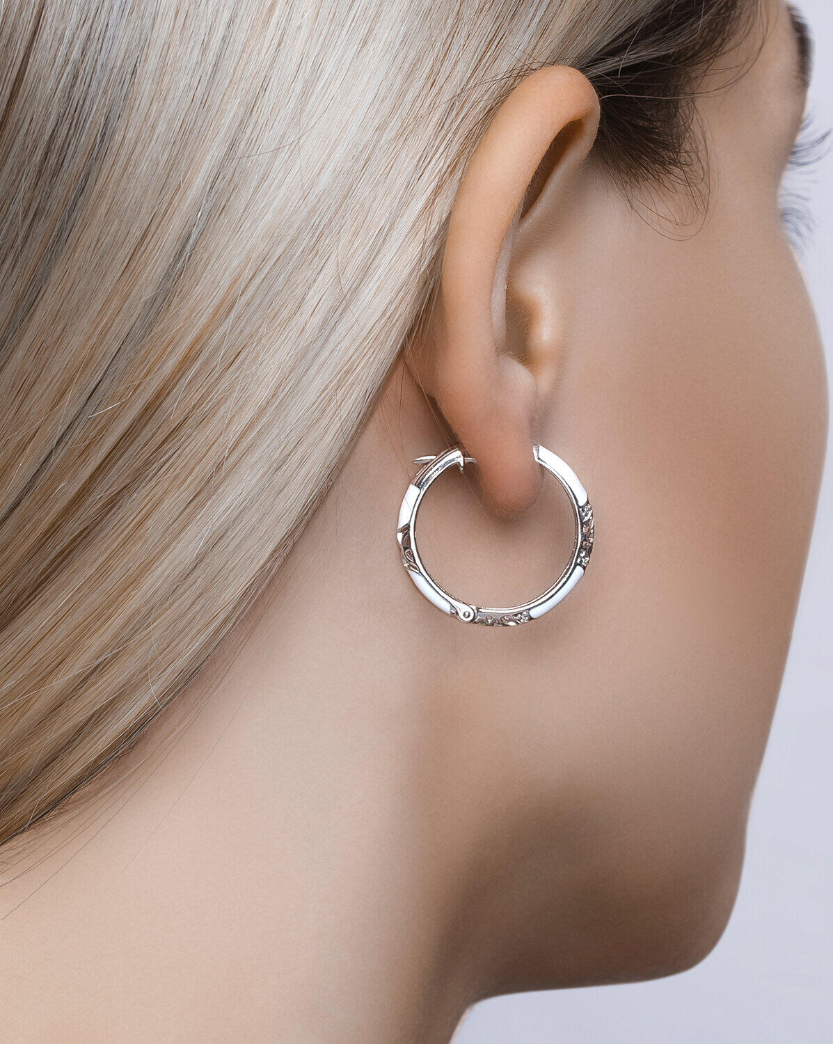 SOKOLOV 94021241 Women's Hoop Earrings, 925 Sterling Silver Rhodium Plated with White Enamel and Cubic Zirconia, Pin Lock