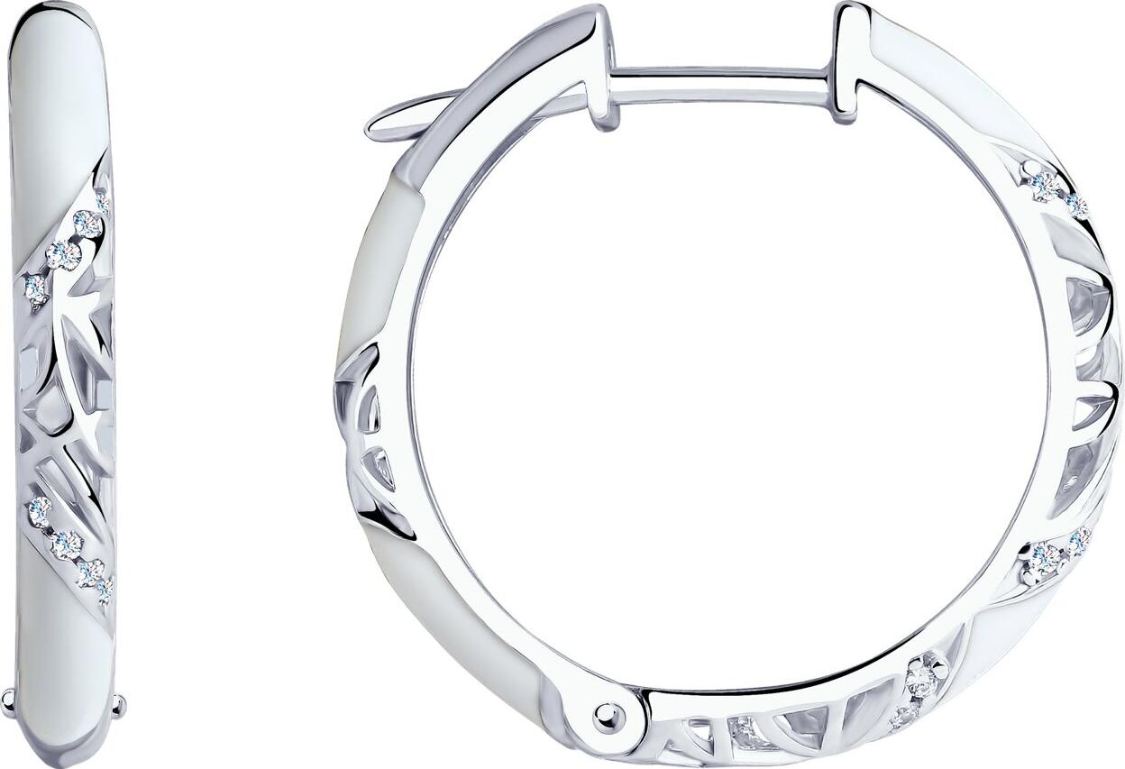 SOKOLOV 94021241 Women's Hoop Earrings, 925 Sterling Silver Rhodium Plated with White Enamel and Cubic Zirconia, Pin Lock