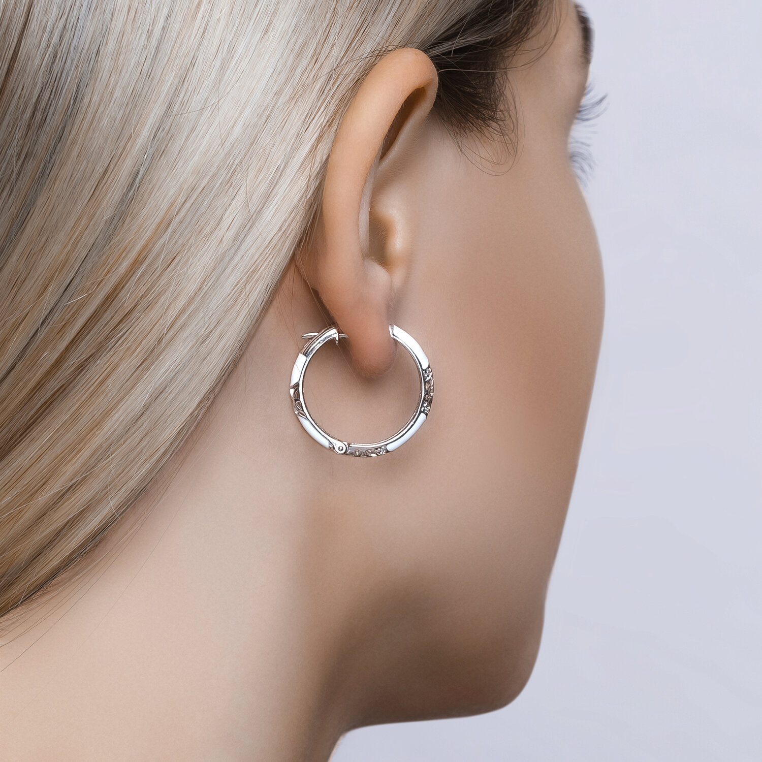 SOKOLOV 94021241 Women's Hoop Earrings, 925 Sterling Silver Rhodium Plated with White Enamel and Cubic Zirconia, Pin Lock