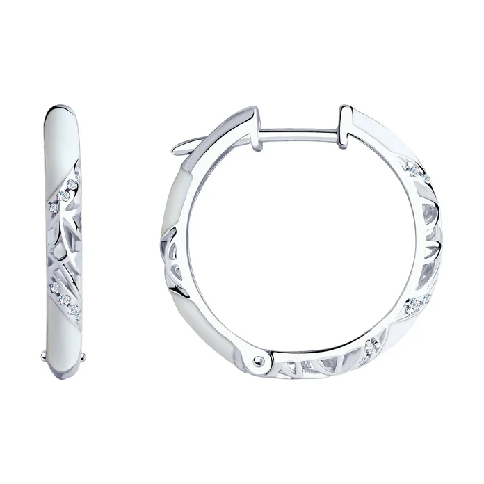 SOKOLOV 94021241 Women's Hoop Earrings, 925 Sterling Silver Rhodium Plated with White Enamel and Cubic Zirconia, Pin Lock