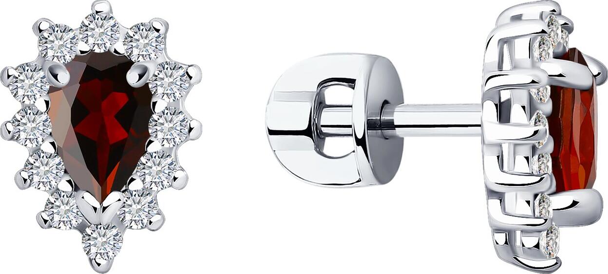 Cercei tip șurub SOKOLOV 92021148 pentru femei, Argint 925 placat cu rodiu, cu Granat roșu formă de pară și Zirconiu cubic rotund, 0.684 ct