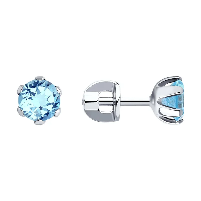 Cercei SOKOLOV 92020039 pentru femei din argint 925 cu topaz albastru rotund, tip stud, 1.46g