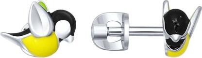 Cercei tip șurub Sokolov 94021815 pentru femei, din argint 925, design cu păsări și email aplicat manual galben și negru, 1.6 g