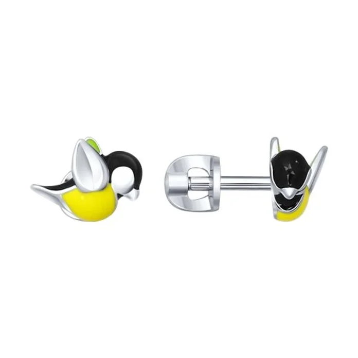 Cercei tip șurub Sokolov 94021815 pentru femei, din argint 925, design cu păsări și email aplicat manual galben și negru, 1.6 g