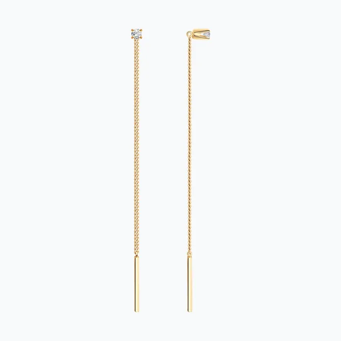 SOKOLOV 020611 Cercei tip fir (threader) pentru femei din aur roșu 585 cu zirconiu cubic incolore rotund 2mm, 0.131ct, lanț subțire cu bară verticală