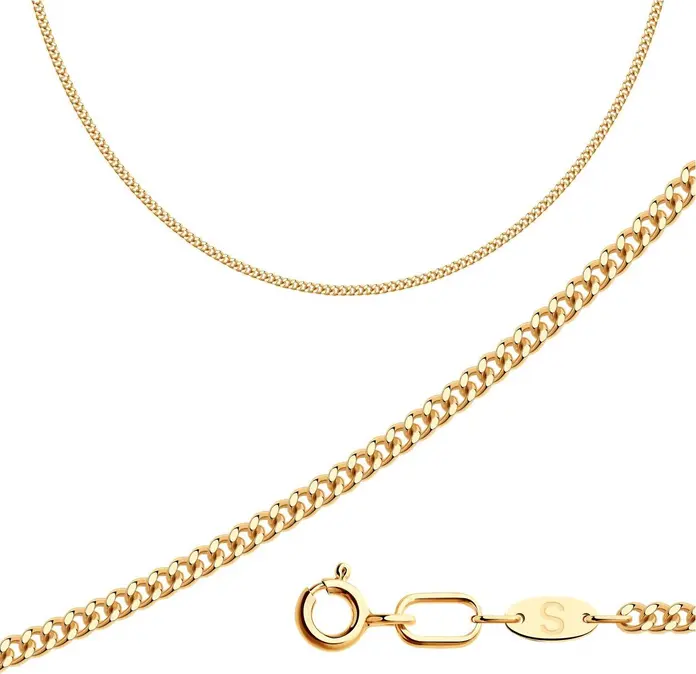 SOKOLOV Red Gold 585 Panzer Curb Chain for Women, Hollow Construction, 0.5mm Diameter, 40 cm Length, Article 582040502