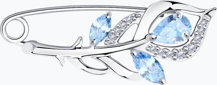 Broșă Diamant pentru femei 94-140-00615-2, Argint 925 placat cu rodiu, cu zirconii albastre formă marquise, 32x13x4 mm, 0.328 ct, 2.05 g