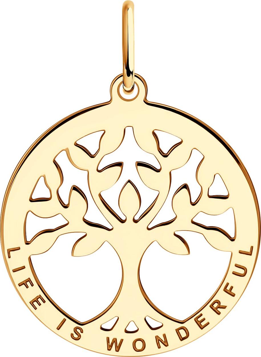 Pandantiv Diamant pentru femei din aur roșu 585, model 51-130-02011-1, design circular Arborele Vieții cu inscripția 'LIFE IS WONDERFUL', 0.82g, 23x17x1 mm