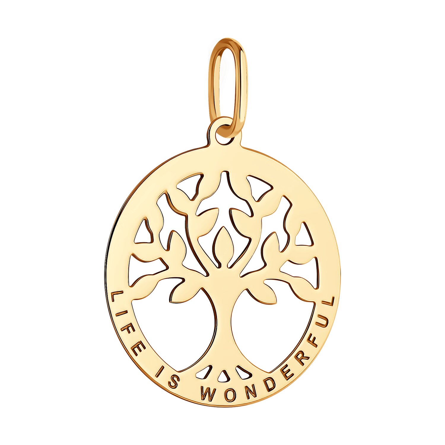 Pandantiv Diamant pentru femei din aur roșu 585, model 51-130-02011-1, design circular Arborele Vieții cu inscripția 'LIFE IS WONDERFUL', 0.82g, 23x17x1 mm