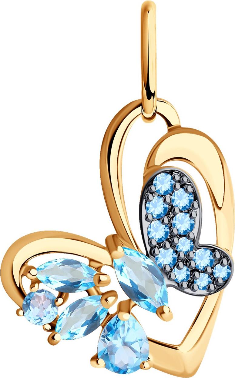 SOKOLOV 731503 Women's Pendant, Asymmetric Butterfly Design, 585 Red Gold Rhodium Plated, Blue Topaz and Blue Cubic Zirconia, 0.118 ct, 0.95 g