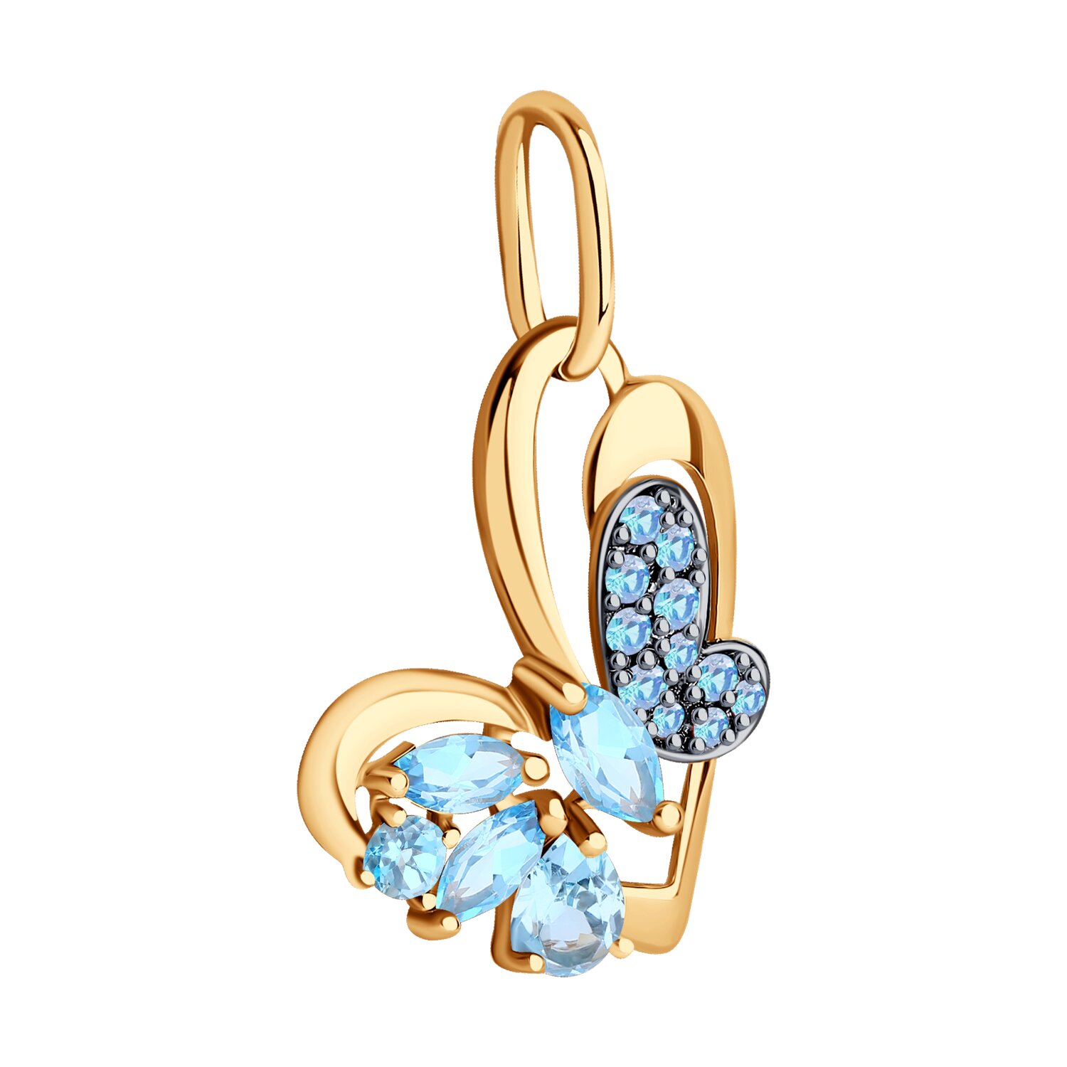 SOKOLOV 731503 Women's Pendant, Asymmetric Butterfly Design, 585 Red Gold Rhodium Plated, Blue Topaz and Blue Cubic Zirconia, 0.118 ct, 0.95 g