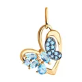 SOKOLOV 731503 Women's Pendant, Asymmetric Butterfly Design, 585 Red Gold Rhodium Plated, Blue Topaz and Blue Cubic Zirconia, 0.118 ct, 0.95 g