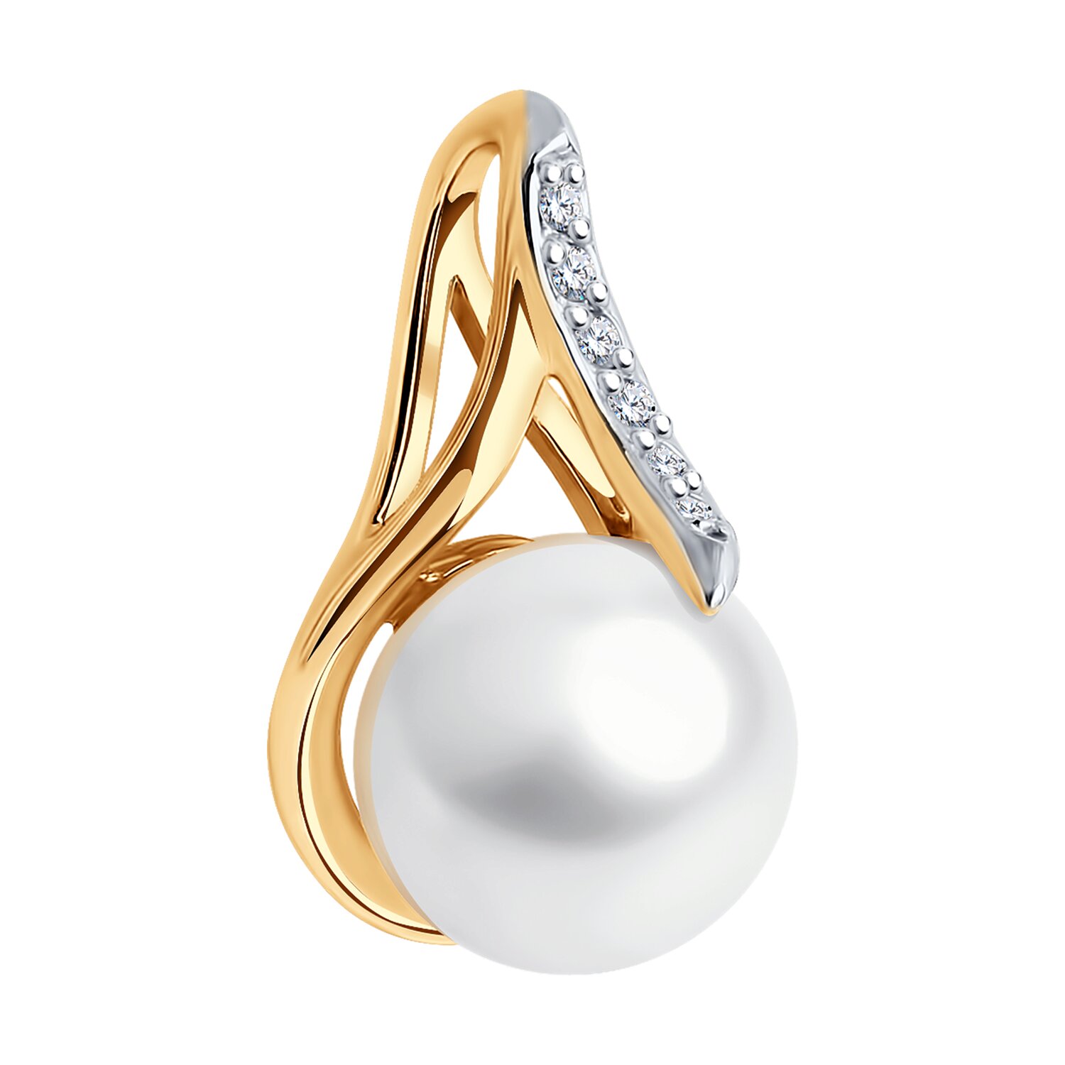 Bijuterie SOKOLOV 793154 pentru femei, Aur Roșu 585 cu placare de Rodiu, cu Perlă și Zirconiu Cubic (6 buc, 0.051 ct), 1.38g, 16x9x9 mm
