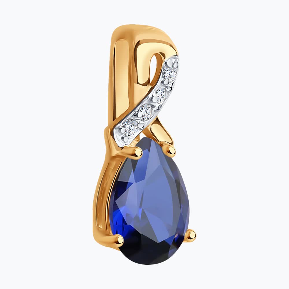 Pandantiv SOKOLOV pentru femei 37732838 din aur roșu 375 cu corund albastru formă pară și zirconiu cubic, 13x5x4 mm, 0,6g
