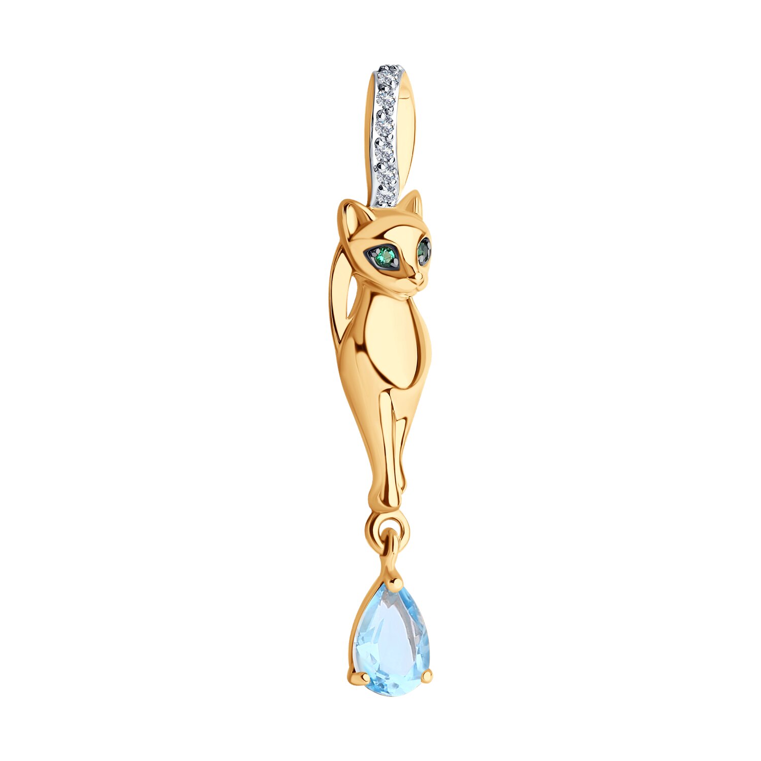 Diamant Present Collection Cat Silhouette Pendant 51-330-01343-1, 585 Red Gold, Green Topaz and Cubic Zirconia, Rhodium Plated, 32 mm