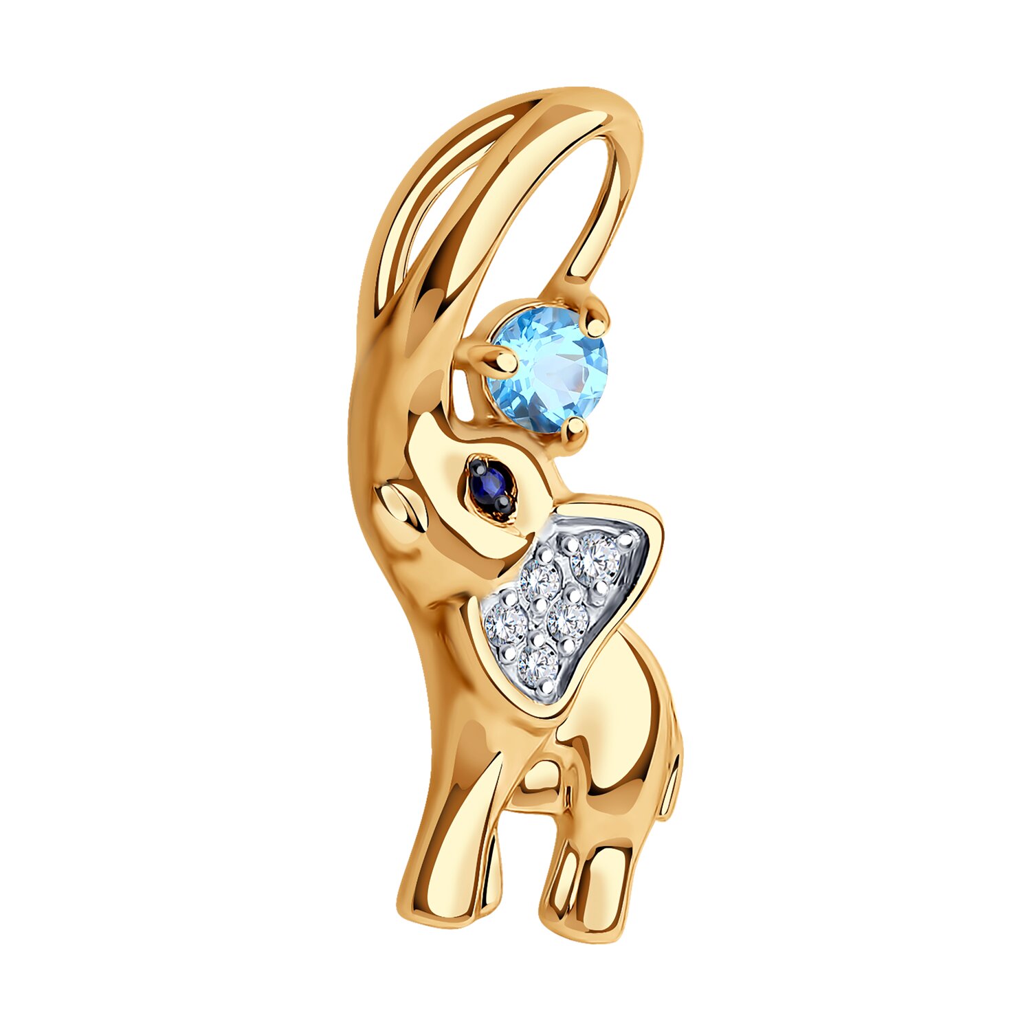 Pandantiv SOKOLOV 732794 Elephant pentru femei, Aur Roșu 585 cu placare Rodiu, Topaz Albastru și Zirconiu Cubic, 20x9x4 mm, 1.14g