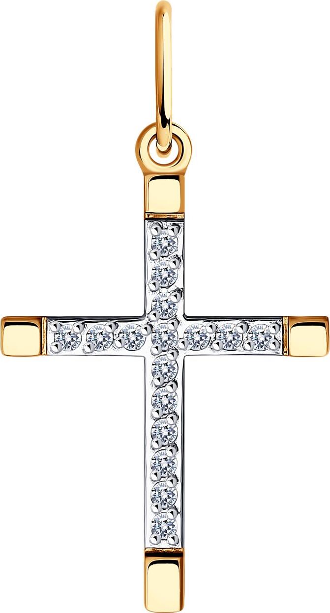 Pandantiv Cruce Diamant 51-130-01438-1 pentru femei, Aur Roșu 585, 16 Zirconii Cubice Rotunde Incolore, 0.136 ct, 24x13 mm