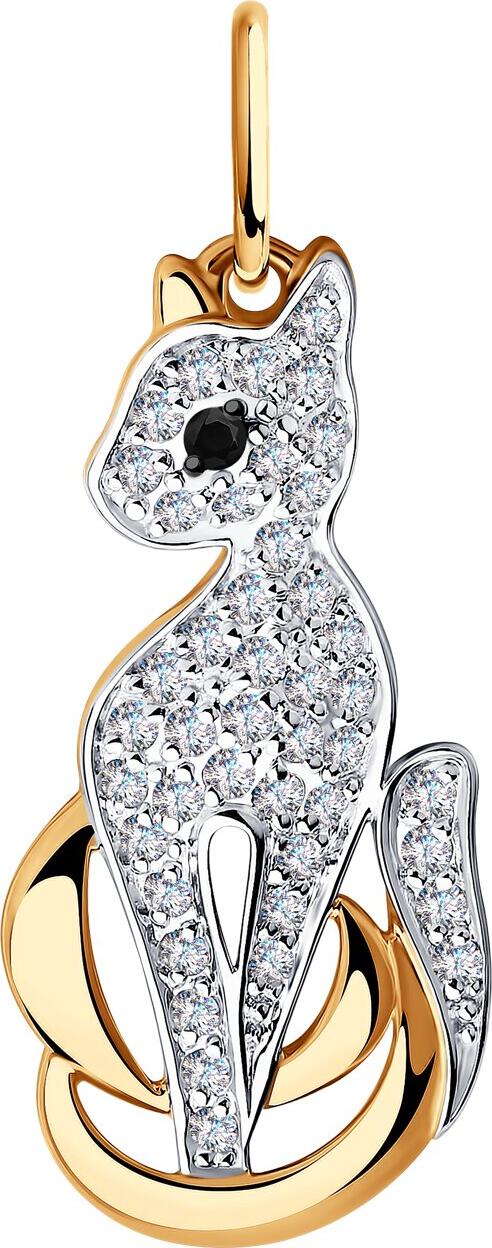 SOKOLOV 035762 Women's Cat Shape Pendant, 585 Red Gold with Rhodium Coating, Colorless and Black Cubic Zirconia Inserts, 1.3g, 28x11x4mm