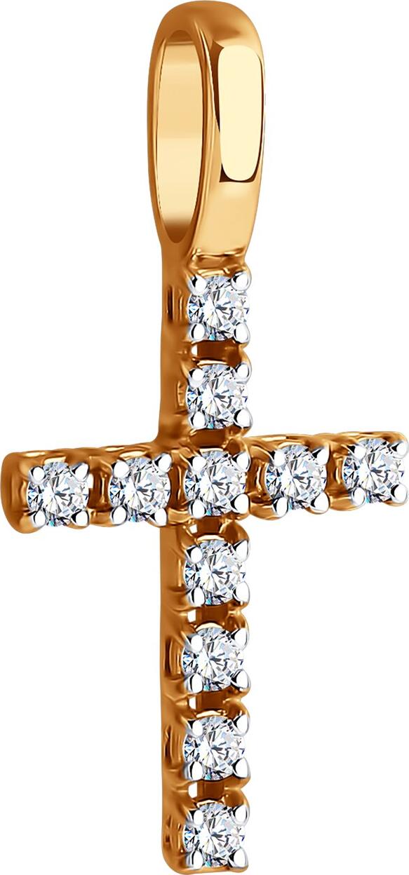 Подвеска-крест Diamant 51-130-01691-1 для женщин, красное золото 585, родиевое покрытие, 11 круглых бесцветных кубических циркониев, 0.314 карата, 20x10x4 мм