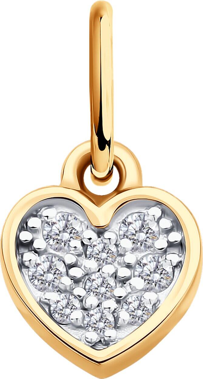 Diamant 51-130-02862-1 Женский кулон в форме сердца, красное золото 585 с родиевым покрытием, 5 круглых бесцветных фианитов 1 мм, 13x7x4 мм, 0.55 г