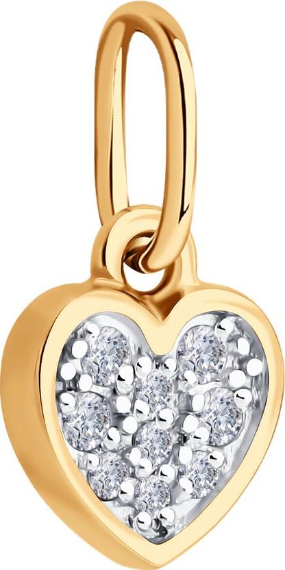 Diamant 51-130-02862-1 Женский кулон в форме сердца, красное золото 585 с родиевым покрытием, 5 круглых бесцветных фианитов 1 мм, 13x7x4 мм, 0.55 г