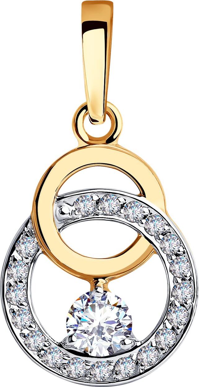 Pandantiv SOKOLOV 035664 pentru femei, Aur Roșu 585, Design Cercuri Împletite cu Cubic Zirconiu, Placare Rodiu, 21x11x4 mm